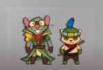 2024 anthro belt benteem1 boots buckteeth clothing duo eyes_closed eyewear fangs feet footwear fur goggles green_body green_fur grey_background handwear hat headgear headwear kerchief league_of_legends looking_at_viewer male mammal murid murine notched_ear rat riot_games rodent shoes simple_background sleeveless_clothing smile smiling_at_viewer tan_body tan_fur teemo_(lol) teeth tencent toes twitch_(lol) weapon yellow_sclera yordle