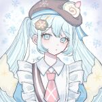  1girl apron azuha_0 bass_clef beret blue_eyes blue_hair blush cake collared_shirt commentary food food-themed_hat_ornament fruit hair_ornament hat hat_ornament hatsune_miku highres long_hair necktie parted_lips sash shirt signature snowflakes solo strawberry swiss_roll twintails vocaloid yuki_miku yuki_miku_(2026) 