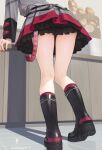  1girl arm_support bag baguette bent_over black_boots boots bread commentary_request fingernails food frilled_skirt frills from_below grey_shirt grey_skirt highres kanpa_(campagne_9) kasane_teto kasane_teto_(sv) knee_boots kneepits leg_focus legs long_sleeves midriff_peek miniskirt nail_polish paper_bag red_nails shirt skirt solo synthesizer_v thighs tile_floor tiles utau 