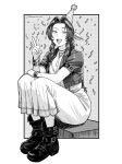  1girl aerith_gainsborough arm_belt bangle blush boots border bracelet braid braided_ponytail breasts choker cleavage cropped_jacket dress final_fantasy final_fantasy_vii final_fantasy_vii_remake flower_choker greyscale hair_ribbon hat highres jewelry long_dress long_hair looking_at_viewer medium_breasts monochrome open_mouth parted_bangs party_hat ribbon screentones seveninks short_sleeves sidelocks single_braid sitting smile solo twitter_username v white_border 