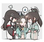  3boys :d anger_vein bindi black_hair black_hanfu border boy_sandwich brown_eyes chibi chibi_only chinese_clothes clone_harem clothes_grab coat collared_coat crying crying_with_eyes_open curtained_hair folded_fan folding_fan grabbing_another's_sleeve green_eyes green_hanfu grey_background half_updo hand_fan hanfu hashtag-only_commentary high_ponytail highres holding holding_fan holding_hands jealous layered_sleeves long_hair long_sleeves luo_binghe male_focus multiple_boys open_mouth pants parted_bangs ponytail puff_of_air raised_eyebrows red_eyes renzha_fanpai_zijiu_xitong ribboned_xiao_guan sandwiched shadow shen_qingqiu sidelocks smile spoken_sweatdrop standing sweatdrop tears time_paradox trembling white_border white_coat white_hanfu white_pants wolf_cut yaoi zorenbigmalo zuiyin 