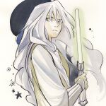  1girl barash_silvain black_circle boots braid brown_robe circle energy_sword gloves green_eyes green_lightsaber holding holding_sword holding_weapon jedi jedi_knight lightsaber long_hair official_art painting_(medium) peach_momoko polka_dot robe simple_background smoke star_(symbol) star_wars star_wars:_the_high_republic sword traditional_media two-tone_robe watercolor_(medium) weapon white_background white_hair white_robe 