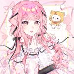  1girl :3 absurdres ahoge animal bare_shoulders belt black_belt black_bow black_eyes black_ribbon border bow bow_choker bowtie bra_strap brown_eyes buttons cat chinese_commentary choker cloak closed_mouth clothed_animal commentary_request cowboy_shot ear_covers eyelashes facial_mark frilled_shirt frilled_skirt frills hair_bow hair_ribbon halftone hand_on_own_chin happy highres hood hood_up hooded_cloak infinity_nikki layered_skirt light_blush light_particles lips long_hair long_sidelocks low_twintails momo_(nikki) navel nikki_(nikki) nikki_(series) off-shoulder_shirt off_shoulder open_mouth orzhu055 outside_border perfect_start_(infinity_nikki) pink_border pink_bow pink_bowtie pink_choker pink_hair pink_skirt procreate_(medium) red_bow red_bowtie ribbon shirt sidelocks single_stripe skirt smile snowflakes sparkle standing striped_bow striped_bowtie striped_choker striped_clothes tress_ribbon twintails very_long_hair wavy_hair whisker_markings white_background white_cat white_shirt white_skirt yellow_cloak 
