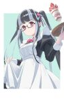  1girl \n/ absurdres apron aqua_background bang_dream! bang_dream!_girls_band_party! black-framed_eyewear black_dress black_hair blunt_bangs border bow bowtie breasts clip_studio_paint_(medium) closed_mouth cowboy_shot cup dress drinking_glass dutch_angle enmaided food frilled_apron frills fruit hair_ribbon highres holding holding_tray juliet_sleeves light_blush long_hair long_sidelocks long_sleeves looking_at_viewer maid maid_apron medium_breasts multicolored_hair nuage nyubara_reona parfait parfait_glass puffy_sleeves red_bow red_bowtie red_eyes red_ribbon ribbon semi-rimless_eyewear sidelocks simple_background skirt_hold sleeve_cuffs solo split_mouth strawberry strawberry_parfait strawberry_slice streaked_hair tray twintails two-tone_hair under-rim_eyewear very_long_hair white_apron white_border white_hair wooden_tray 
