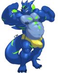  abs anthro bandai barefoot biceps big_muscles blue_nipples blue_skin bulge chubby claws clothed clothing cursedmarked digimon digital_media_(artwork) fangs flamingfirefury flexing green_eyes green_skin grin hair half-dressed horn huge_muscles looking_at_viewer male markings murasadramon musclegut muscles nipples pecs plain_background pose reptile ripped scales scalie solo speedo standing stripes swimsuit teeth toe_claws toned topless white_background 