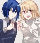  !? 2girls absurdres arcueid_brunestud blonde_hair blue_eyes blue_hair blush breasts ciel_(tsukihime) commentary_request fang hair_between_eyes hair_intakes heart heart_hands heart_hands_failure highres jewelry looking_at_viewer multiple_girls necklace nun red_eyes short_hair sidelocks skin_fang smile sungoidekame sweater thumbs_down tsukihime tsukihime_(remake) tunic turtleneck turtleneck_sweater upper_body vampire wing_collar 