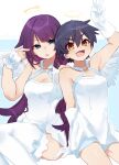  2girls absurdres angel angel_wings bakemonogatari bare_shoulders blue_eyes blue_hair breasts cleavage commentary dress gloves halo heart highres kanbaru_suruga long_hair monogatari_(series) multiple_girls purple_hair senjougahara_hitagi symbol-only_commentary tsugumi_(tgm_615486) v white_dress white_gloves wings 