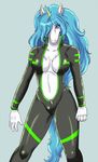  anthro blue_eyes blue_hair bodysuit breasts clothed clothing equine female fur grey_background hair horn kemono long_hair mammal plain_background rubber shiny skimpy skinsuit solo tight_clothing unicorn unknown_artist white_fur zipper 