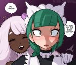  2girls afrobull blunt_bangs blush bow bowtie braid closed_eyes dark-skinned_female dark_skin gloves green_hair jacinthe_(pokemon) lebanne_(pokemon) long_braid long_hair maid maid_headdress multiple_girls open_mouth pokemon pokemon_legends:_z-a purple_hair very_dark_skin white_bow white_bowtie white_gloves 