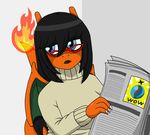  black_hair blue_eyes charizard charizardite_x darkcelona dragon eyewear female hair mega_stone newspaper nintendo parody pok&eacute;mon reaction_image scalie solo sweater video_games 