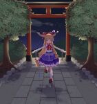  144udy 1girl absurdres ball_and_chain_restraint black_shoes blonde_hair bow bowtie brown_horns chain closed_eyes commentary_request facing_viewer full_body hair_bow highres horn_ornament horn_ribbon horns ibuki_suika long_hair night oni open_mouth outdoors purple_skirt red_bow red_bowtie ribbon ribbon-trimmed_skirt ribbon_trim shadow shirt shoes skirt smile socks solo torii touhou tree white_shirt white_socks 