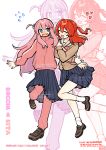  2girls :d ^_^ blue_eyes blue_skirt blush bocchi_the_rock! brown_cardigan brown_sailor_collar brown_shoes cardigan character_name closed_eyes commentary_request cube_hair_ornament flying_sweatdrops gotoh_hitori hair_between_eyes hair_ornament heart highres jacket kita_ikuyo loafers long_hair multiple_girls nose_blush one_side_up pants pants_under_skirt pink_hair pink_jacket pink_pants pleated_skirt red_hair sailor_collar school_uniform serafuku shibedraws shoes simple_background skirt smile socks standing standing_on_one_leg track_jacket track_pants track_suit very_long_hair white_background white_socks zoom_layer 