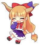  144udy 1girl blonde_hair blush_stickers bow bowtie brown_horns chibi chibi_only closed_eyes commentary_request facing_viewer fang gourd hair_bow highres holding holding_gourd horn_ornament horn_ribbon horns ibuki_suika long_hair oni open_mouth purple_skirt red_bow red_bowtie ribbon shirt simple_background skin_fang skirt smile socks solo touhou very_long_hair white_background white_shirt white_socks 