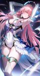 1girl absurdres aemeath_(wuthering_waves) ahoge arms_up bare_shoulders breasts closed_mouth commentary elbow_gloves gloves hair_ornament highres leotard long_hair looking_at_viewer medium_breasts orange_eyes pink_hair ponytail ryugisa showgirl_skirt skirt smile solo star-shaped_pupils star_(symbol) symbol-only_commentary symbol-shaped_pupils thighs white_gloves white_leotard white_skirt wuthering_waves 