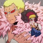  3boys :d ? absurdres arm_tattoo artist_name black_coat black_hair blonde_hair blue_coat blue_pants blush blush_stickers chibi closed_eyes closed_mouth coat coat_on_shoulders collared_shirt donquixote_doflamingo donquixote_rocinante earrings expressionless facial_hair facial_mark feather_coat frown fur-trimmed_coat fur_hat fur_trim goatee gold_earrings grey_background hand_tattoo hand_up hat heart heart_print highres holding_hands hood jewelry kageimo long_sleeves male_focus mini_person miniboy multiple_boys one_piece open_mouth pants pectoral_cleavage pectorals pink_coat pink_shirt print_shirt red-tinted_eyewear red_hood red_lips shirt short_hair sideburns smile sunglasses sweatdrop tattoo tinted_eyewear trafalgar_law twitter_username upper_body v-shaped_eyebrows watermark white-framed_eyewear white_hat white_shirt 