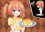  ! !! 1girl :d argyle_background ass black_background blue_eyes blush cafe_stella_to_shinigami_no_chou chibi chibi_inset commentary_request dual_wielding eyelashes eyes_visible_through_hair food fork hair_between_eyes hair_down hair_intakes hands_up happy holding holding_fork holding_tray long_hair looking_at_viewer multiple_views naked_towel norapan open_mouth orange_background orange_hair pancake pancake_stack plaid_clothes plaid_collar puffy_short_sleeves puffy_sleeves shaded_face shirt short_sleeves sidelocks simple_background smile standing striped_clothes striped_shirt sumizome_nozomi surprised towel tray twintails upper_body vertical-striped_clothes vertical-striped_shirt waitress weighing_scale weight_conscious yellow_shirt 