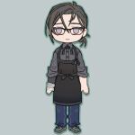  1boy alternate_costume alternate_hairstyle apron black_apron black_hair blue_pants collared_shirt commentary_request deformed fate/grand_order fate_(series) full_body glasses gloves green_outline grey_background grey_eyes grey_shirt grey_shoes kibadori_rue looking_at_viewer male_focus neck_tassel official_artist_extra outline pants plastic_gloves ponytail rectangular_eyewear shirt shoes short_ponytail simple_background sleeves_rolled_up smile solo standing straight-on swept_bangs tassel white_gloves yamanami_keisuke_(fate) 