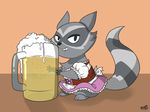  alcohol barefoot beer beverage blue_eyes clothed clothing coco_(doctor_lollipop) dirndl doctor_lollipop female feral fur grey_fur looking_at_viewer mammal plain_background raccoon raph13th smile solo 