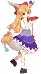  144udy 1girl absurdres black_shoes blonde_hair blush bow brown_horns closed_mouth commentary_request cup full_body hair_bow highres holding holding_cup horn_ornament horn_ribbon horns ibuki_suika long_hair oni orange_eyes purple_skirt red_bow ribbon ribbon-trimmed_skirt ribbon_trim sakazuki shirt shoes simple_background skirt socks solo touhou very_long_hair white_background white_shirt white_socks 