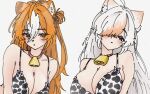  2girls animal_ears bell ben-day_dots blush bow bow_bra bra breasts cow_girl cow_print_bra cowbell cweamcat hair_between_eyes indie_virtual_youtuber long_hair looking_at_viewer moofie_(vtuber) multiple_girls orange_hair pink_bow sapling_meow screentones simple_background tail tiger_ears tiger_girl tiger_tail twitch.tv underwear virtual_youtuber white_background white_hair 