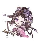  1girl brown_hair chibi chinese_commentary chinese_hairpin choker closed_mouth commentary_request cropped_torso eyelashes eyeshadow hair_bun hair_ornament hair_rings hairpin half_updo hand_fan happy highres holding holding_fan infinity_nikki lipstick long_hair long_sleeves looking_at_viewer makeup multiple_hairpins nikki_(series) official_alternate_color one_eye_closed purple_choker purple_eyes purple_eyeshadow purple_hanfu purple_lips simple_background single_bare_shoulder single_hair_bun smile solo where_wanxiang_weaves_life_(infinity_nikki) white_background wide_sleeves xianmaobuchiyu 