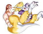  2014 anthro anus areola bakuradesunen bandai big_breasts black_sclera blue_eyes blush breasts canine chest_tuft clitoris digimon duo female fox fur looking_at_viewer mammal nipples nude plain_background purple_eyes pussy renamon tuft white_background yellow_fur 