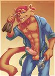  abs anthro balls belt biceps brown_fur cat chest_tuft clothing erection feline fur hat humanoid_penis jake_clawson looking_at_viewer male mammal mechanic muscles nipples omegaro open_shirt pants partially_clothed pecs penis pink_penis shirt solo standing swat_kats sweat toned tools tuft wrench 