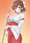  1girl anti_(untea9) asahi_(kancolle) bamboo_broom braid breasts broom brown_hair gradient_background grey_eyes hair_ribbon hakama hakama_skirt highres japanese_clothes kantai_collection kimono large_breasts long_sleeves miko mole mole_under_mouth red_background red_hakama ribbon short_hair skirt solo white_kimono white_ribbon 
