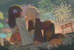  2girls 2others black_kimono blush cho_kaguya-hime! closed_eyes commentary_request fireworks floral_print floral_print_kimono flower food fox_shadow_puppet green_eyes hair_flower hair_ornament holding_hands japanese_clothes kimono kiss kissing_hand lily_(flower) long_hair milktea_(gggrrr2000) multiple_girls multiple_others night obi outdoors pancake pancake_stack picnic_basket plate print_kimono purple_flower purple_hair runami_yachiyo sakayori_iroha sash torii white_flower white_kimono yuri 