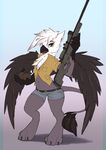  anthro avian claws clothing eraclea explosives feathers female flat_chested green_eyes grenade gryphon gun looking_at_viewer midriff navel open_beak open_shirt paws ranged_weapon rifle scope shirt shorts sniper_rifle solo weapon wide_hips wildshard wings 