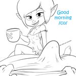  cleavage clothed clothing coffee dialogue duo elf english_text erection female first_person_view humanoid looking_at_viewer magee male monochrome morning_wood nightgown not_furry penis prep_&amp;_landing smile solo_focus tenting text 