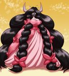  big_breasts blush bovine bow braided_hair breasts cattle clothing dress female gown hair horn long_hair mammal solo toughset 