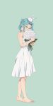  1girl absurdres alternate_costume aqua_background aqua_hair armpit_crease bare_shoulders barefoot blush bouquet collarbone commentary dress feet firstdayiyui flower full_body green_eyes hair_intakes hat highres holding holding_bouquet looking_at_viewer monogatari_(series) ononoki_yotsugi parted_bangs pleated_dress short_eyebrows solo symbol-only_commentary thick_eyebrows toenails toes twintails white_dress white_flower white_hat 