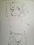  anthro big_eyes bulge clothed clothing eyebrows hair half-dressed kemono male monochrome plain_background sirotae_konnta sketch solo topless young 
