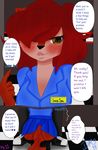  animatronic anthro black_pants black_socks blue_shirt blue_skirt blush bonnie_(fnaf) brown_eyes brown_fur butt cleavage clothed clothing color comic cute discordmelody female five_nights_at_freddy&#039;s freckles fur grope hair jasmine_ivory lagomorph machine male mammal mechanical nightguard rabbit red_hair robot rodent shoes squirrel 