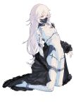  1girl 621_(armored_core_vi) alcohol635440 armored_core armored_core_vi:_fires_of_rubicon black_coat black_mask bodysuit coat coat_partially_removed covered_navel expressionless fur-trimmed_coat fur_trim highres kneeling long_hair mask mecha_pilot_suit mouth_mask red_eyes simple_background solo white_background white_bodysuit white_hair 