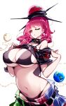  1girl :o belt black_bra black_panties black_shirt bra breasts clothes_lift commentary earrings earth_(ornament) expressionless hands_up hecatia_lapislazuli highres jewelry large_breasts looking_at_viewer loose_skirt medium_hair midriff moon_(ornament) multicolored_skirt navel off-shoulder_shirt off_shoulder one_eye_closed panties plaid_clothes plaid_skirt pointy_ears raptor7 red_eyes red_hair shirt shirt_lift skirt solo t-shirt touhou underwear underworld_(ornament) white_background 