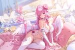  1girl alternate_costume angel_wings bra breasts bridal_gauntlets collar commentary couch doro_(nikke) dorothy_(nikke) feathered_wings frilled_collar frills garter_belt goddess_of_victory:_nikke hair_bun highres kira_(kira78718520) lace-trimmed_garter_belt lace-trimmed_thighhighs lace_trim large_breasts lingerie long_hair on_couch panties pink_hair solo symbol-only_commentary thighhighs thighs underwear very_long_hair white_bra white_bridal_gauntlets white_panties white_thighhighs white_wings wings 