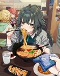  3girls blonde_hair blush chair chopsticks closed_eyes commentary_request cup eating ezo_egg food fujita_kotone gakuen_idolmaster green_eyes green_hair grey_jacket hanami_saki handkerchief highres holding holding_chopsticks holding_handkerchief idolmaster indoors jacket long_hair looking_at_viewer multiple_girls noodles pov pov_hands ramen red_hair saucer sitting table tsukimura_temari wooden_chair wooden_table 