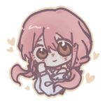  1girl belt black_belt black_bow bow bra_strap brown_eyes brown_outline chibi chinese_commentary choker closed_mouth commentary_request cropped_torso eyelashes eyes_visible_through_hair floating_hair hair_between_eyes hair_bow happy heart infinity_nikki light_blush long_hair long_sleeves low_twintails nikki_(nikki) nikki_(series) off-shoulder_shirt off_shoulder outline own_hands_together perfect_start_(infinity_nikki) pink_choker pink_hair puffy_long_sleeves puffy_sleeves shirt simple_background smile solo tareme twintails very_long_hair white_background white_shirt xianyufanshen859 