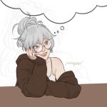  1girl brown_eyes brown_hoodie camisole commentary english_commentary glasses grey_hair hair_bun head_rest hood hoodie imagining kankuroplease looking_up off_shoulder original red_nails round_eyewear signature single_hair_bun sleeves_past_wrists solo speech_bubble thought_bubble upper_body white_camisole 