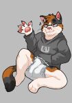 2019 3_toes 4_fingers ambiguous_gender anthro black_body black_ear_tips black_fur black_spots black_tail black_tail_tip brown_body brown_fur brown_tail calico_cat chris_(onewithlogic) claws clean_diaper clothed clothing diaper dipstick_ears dipstick_tail domestic_cat ear_markings eyes_closed eyewear feet felid feline felis finger_claws fingers front_view full-length_portrait fur gingerail glasses grey_background grey_claws grey_clothing grey_diaper grey_eyewear grey_glasses grey_hoodie grey_topwear hand_in_pocket hi_res hoodie inner_ear_fluff logo_on_clothing mammal markings multicolored_body multicolored_ears multicolored_fur multicolored_tail pawpads pink_inner_ear pink_inner_ear_fluff pink_nose pink_pawpads pockets portrait simple_background sitting smile solo spots spotted_body spotted_fur spotted_markings spotted_tail tail tail_markings toes topwear tuft wearing_diaper wearing_glasses whisker_spots whiskers white_body white_fur