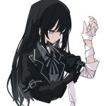  1girl bandaged_arm bandages black_choker black_hair black_jacket black_ribbon choker closed_mouth commentary_request expressionless grey_eyes hair_down hand_up highres holding holding_bandages jacket kurobe_nanoka long_hair looking_down mahou_shoujo_no_majo_saiban neck_ribbon ribbon simple_background solo upper_body waipiiy white_background 