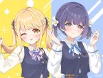  2girls alternate_hairstyle black_ribbon blonde_hair blue_background blue_ribbon blue_vest blush bow bowtie closed_mouth collared_shirt commentary_request flower fujita_kotone gakuen_idolmaster hair_flower hair_ornament hair_ribbon hands_up hataya_misuzu hatsuboshi_gakuen_school_uniform highres holding holding_own_hair idolmaster long_sleeves looking_at_viewer multiple_girls neck_ribbon one_eye_closed plaid_bow plaid_bowtie plaid_clothes purple_eyes purple_hair ribbon school_uniform shirt short_hair signature smile tongue tongue_out twintails upper_body vest white_shirt yasaka_(astray_l) yellow_background yellow_eyes 