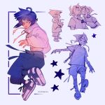  1boy 1girl artist_name assertive_female blunt_bangs boku_no_hero_academia breasts chibi chibi_inset cropped_jacket cup earphones fingerless_gloves full_body gloves hand_on_another's_chin headphones highres holding holding_cup imminent_kiss jacket jiro_kyoka kaminari_denki medium_breasts midriff miithers multiple_views nail_polish nike_(company) purple_hair shirt_under_shirt shoes short_hair sidelocks sneakers white_jacket 