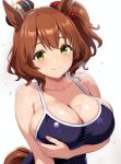  1girl animal_ears arm_under_breasts asanagi_shion aston_machan_(umamusume) black_one-piece_swimsuit blush breasts brown_hair cleavage closed_mouth collarbone commentary_request crown fingernails green_eyes hair_between_eyes hair_ornament hair_scrunchie heavy_breathing highres horse_ears horse_girl large_breasts looking_at_viewer mini_crown one-piece_swimsuit one_side_up red_scrunchie scrunchie short_hair simple_background smile solo swimsuit tracen_swimsuit umamusume upper_body white_background 