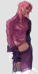  1boy belt blood cleavage_cutout clothing_cutout commentary cosplay cropped_legs cropped_sweater diavolo firepok green_eyes groin highres jacket jojo_no_kimyou_na_bouken lipstick long_hair long_sleeves looking_to_the_side makeup male_focus midriff navel nosebleed off_shoulder parted_lips pectoral_cleavage pectorals pink_hair profile solo spotted_hair sweater twitter_username vento_aureo vinegar_doppio vinegar_doppio_(cosplay) 