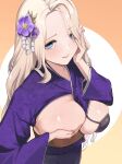  1girl absurdres blonde_hair blue_eyes breasts breasts_out brown_dust_(series) brown_dust_2 commentary_request covering_breasts covering_privates darian_silverstein flower hair_flower hair_ornament highres japanese_clothes kimono long_hair long_sleeves looking_at_viewer purple_flower purple_kimono simple_background solo syouyuya wide_sleeves 