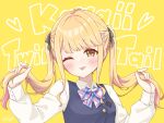  1girl alternate_hairstyle black_ribbon blonde_hair blue_vest blush bow bowtie collared_shirt commentary_request fujita_kotone gakuen_idolmaster hair_ribbon highres holding holding_own_hair idolmaster long_sleeves looking_at_viewer one_eye_closed plaid_bow plaid_bowtie plaid_clothes ribbon shirt signature simple_background smile solo text_background tongue tongue_out twintails upper_body vest white_shirt yasaka_(astray_l) yellow_background yellow_eyes 