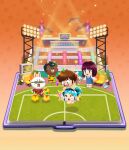  1boy 2girls :d animal_print blue_hair character_request chibi chibi_only lum miyake_shinobu moroboshi_ataru multiple_girls official_art orange_eyes print_boots purple_hair smile straight_hair tiger_print urusei_yatsura yellow_eyes 